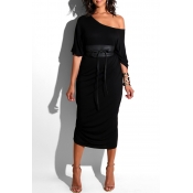 Lovely Casual Loose Black Mid Calf Dress(Without B