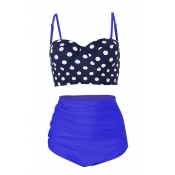 Lovely Casual Dots Printed Blue Two-piece Swimwear