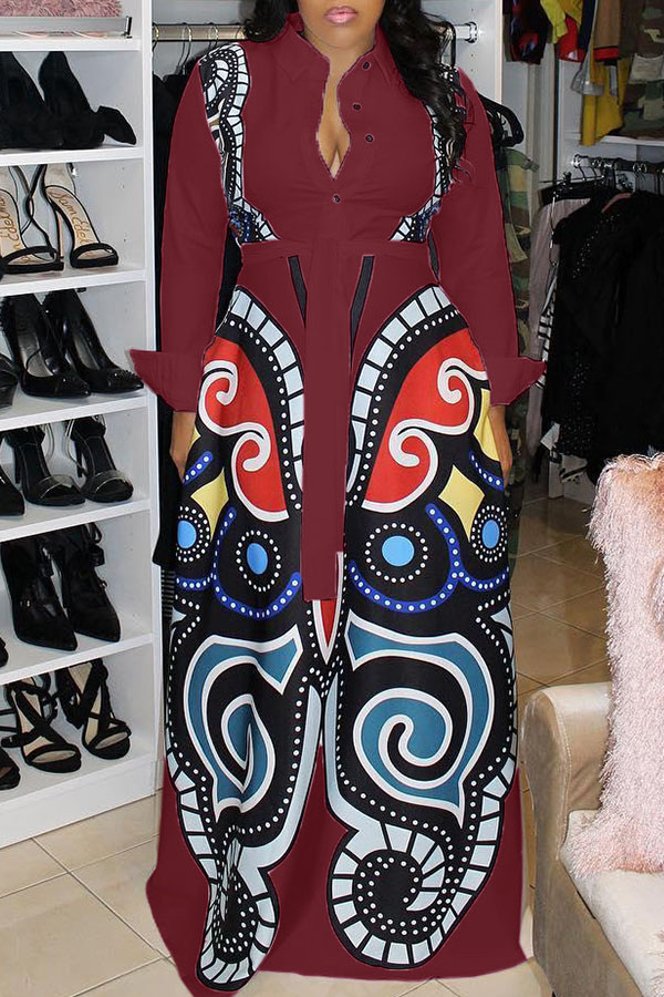 

Lovely Casual Printed Loose Wine Red Blending Floor Length Dress