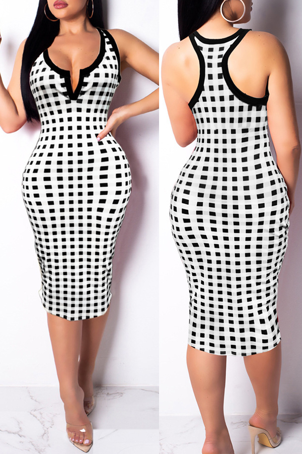 

Lovely Trendy Grids Printed Black Twilled Satin Knee Length Dress