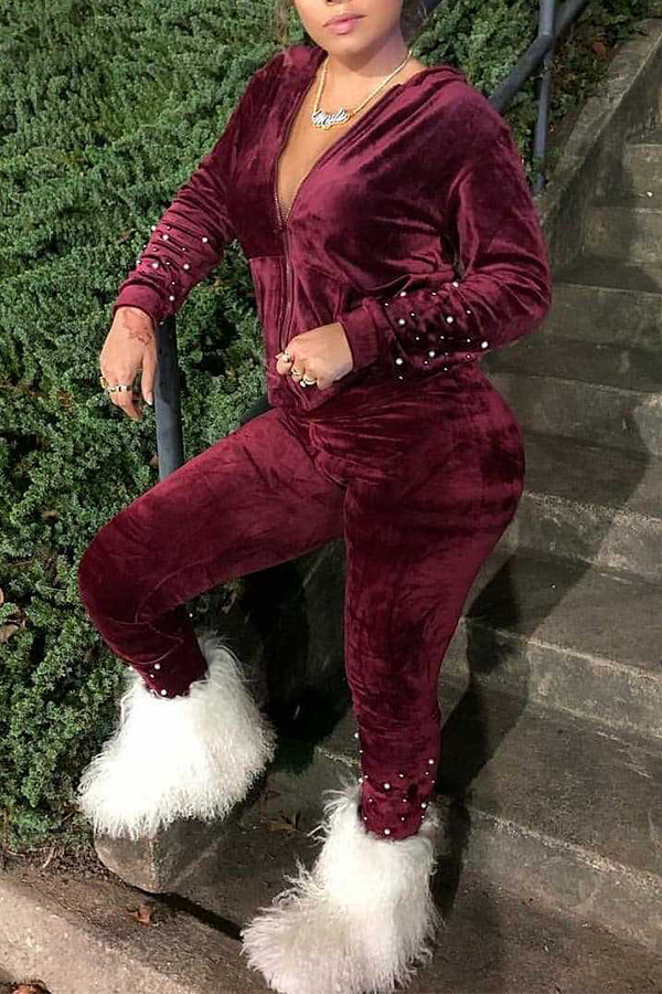 

Lovely Trendy Hooded Collar Wine Red Two-piece Pants Set
