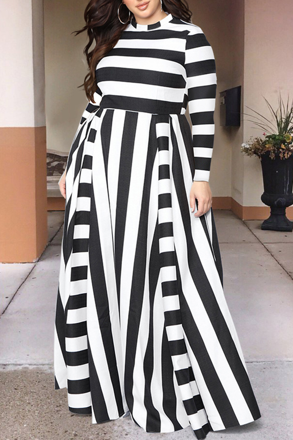 

Lovely Trendy Striped Black Maxi Plus Size Dress