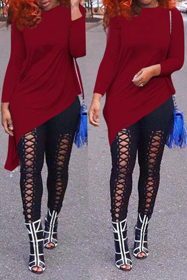 

Lovely Trendy Asymmetrical Wine Red T-shirt