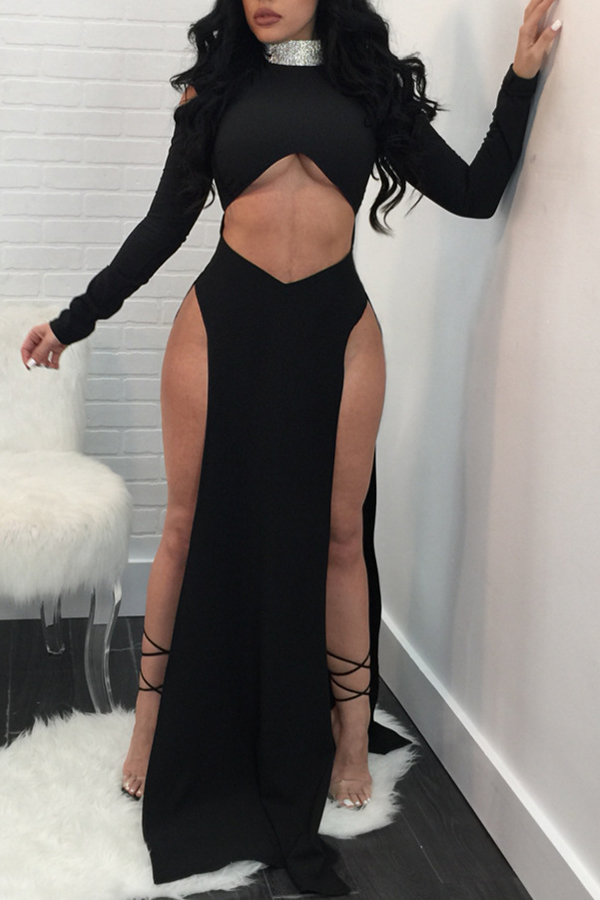 

Lovely Sexy High Slit Black Blending Floor Length Dress