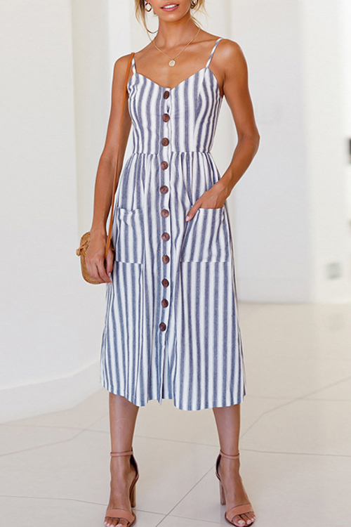 

Lovely Casual V Neck Button Decorative Blue Stripe Blending Mid Calf Dress