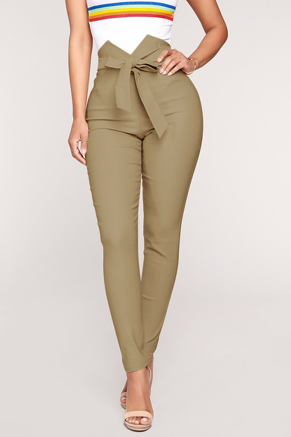 

Lovely Trendy Bow-Tie Skinny Khaki Cotton Pants
