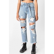 Lovely Trendy Broken Holes Baby Blue Denim Jeans