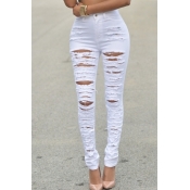 Lovely Trendy Broken Holes White Denim Jeans