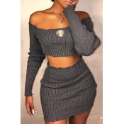 Lovely Casual Dew Shoulder Grey Knitting Two-piece