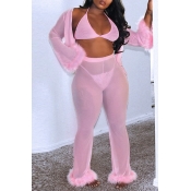 Lovely Sexy Patchwork Pink Two-piece Pants Set(Wit
