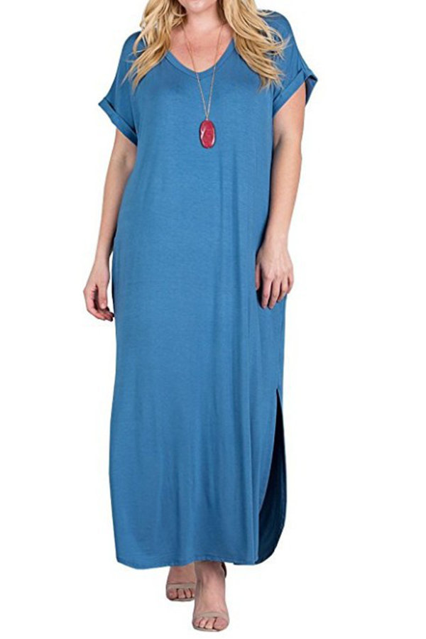 

Lovely Casual Loose Blue Cotton Ankle Length Dress