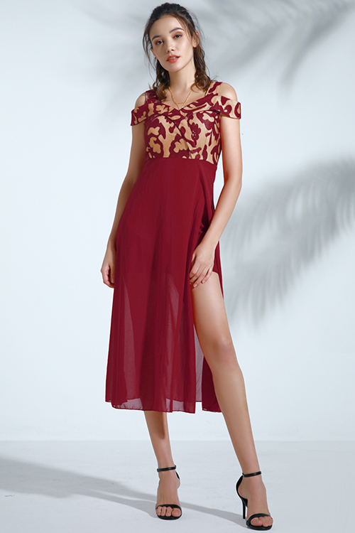

Lovely Trendy Dew Shoulder Wine Red Chiffon Mid Calf Dress