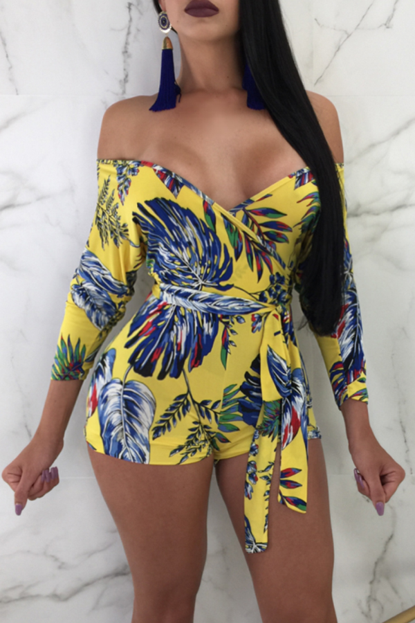 

Lovely Sexy Floral Printed Yellow Blending One-piece Rompers