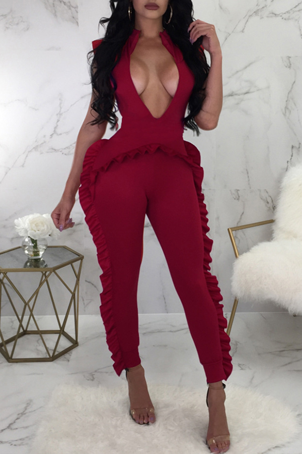 

Lovely Sweet Flounce Design Wine Red One-piece Jumpsuit