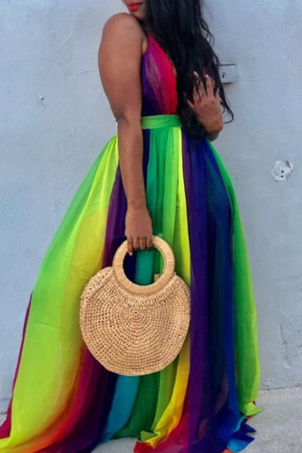 

Lovely Sweet Striped Green Chiffon Floor Length Dress