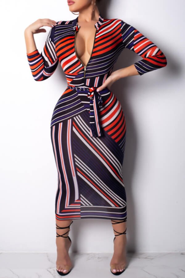 Lovely Work Striped Printed Multicolor Mid Calf Dress_Dresses ...