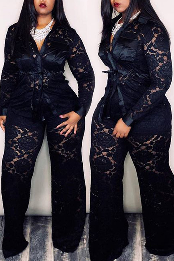 

Lovely Trendy Hollowed-out Black Two-piece Pants Set