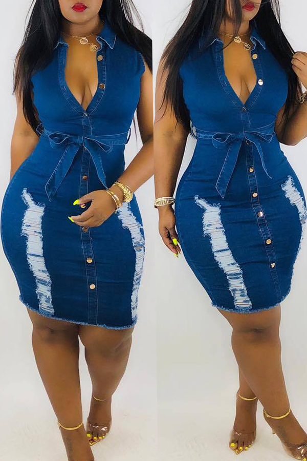 Lovely Casual Broken Holes Blue Denim Knee Length Dress (With Belt