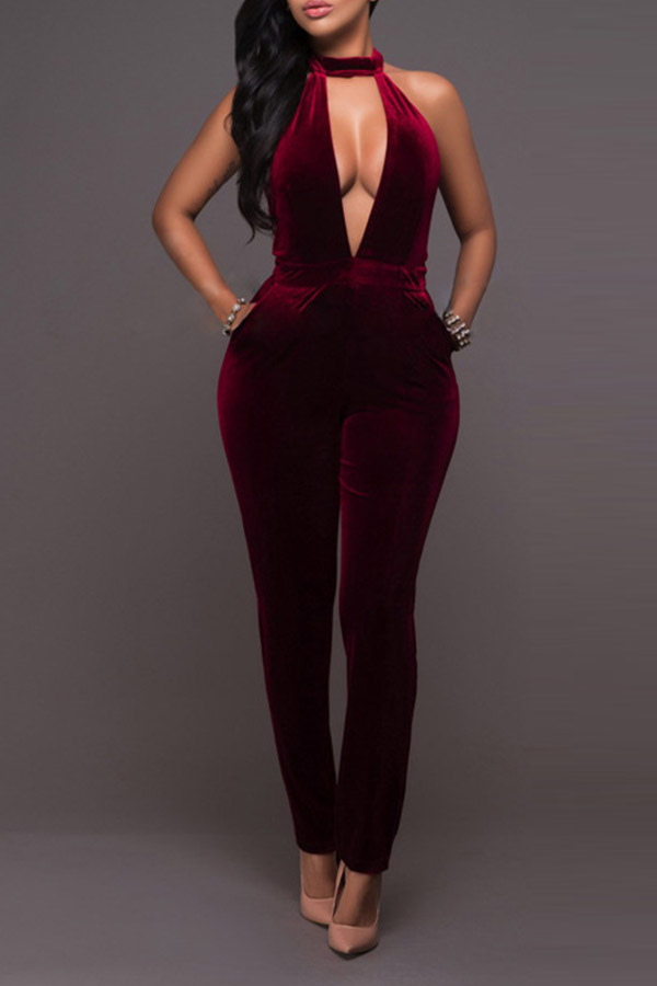 

Lovely Trendy Deep V Neck Wine Red Velvet One-piece Jumpsuit