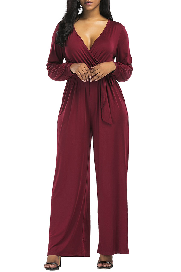 

Lovely Trendy Loose Wine Red One-piece Jumpsuit(With Belt)