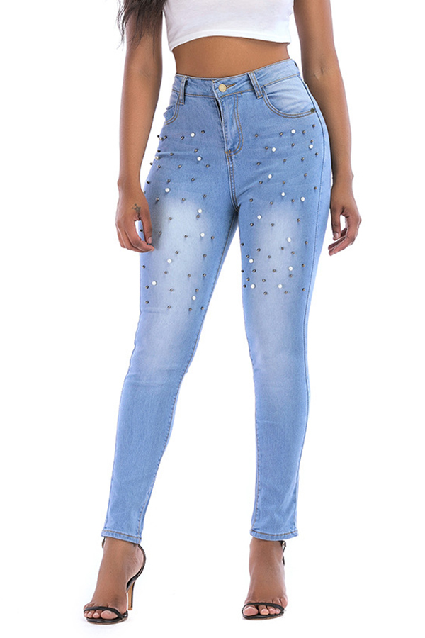 

Lovely Euramerican Rivet Decorative Sky Blue Cotton Jeans
