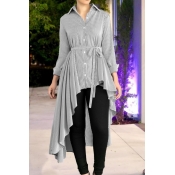 Lovely Casual Asymmetrical Lace-up Grey Blouses