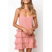 Lovely Bohemian Ruffle Design Pink Mini Dress