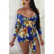 Lovely Sexy Floral Printed Blue Blending One-piece