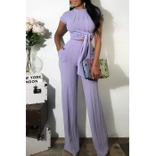 Lovely Trendy Knot Design Purple Two-piece Pants S
