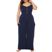 Lovely Casual Buttons Dark Blue One-piece Jumpsuit