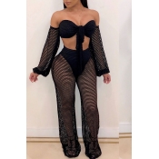 Lovely Sexy Hollowed-out Black Two-piece Pants Set
