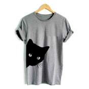 Lovely Casual Cat Printed Grey Cotton T-shirt