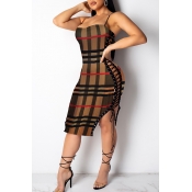 Lovely Trendy Grids Printed Brown Knee Length Dres
