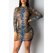 Lovely Sexy Printed Blue Mini Dress (Without Under