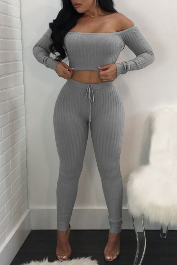 

Lovely Trendy Dew Shouder Grey Two-piece Pants Set