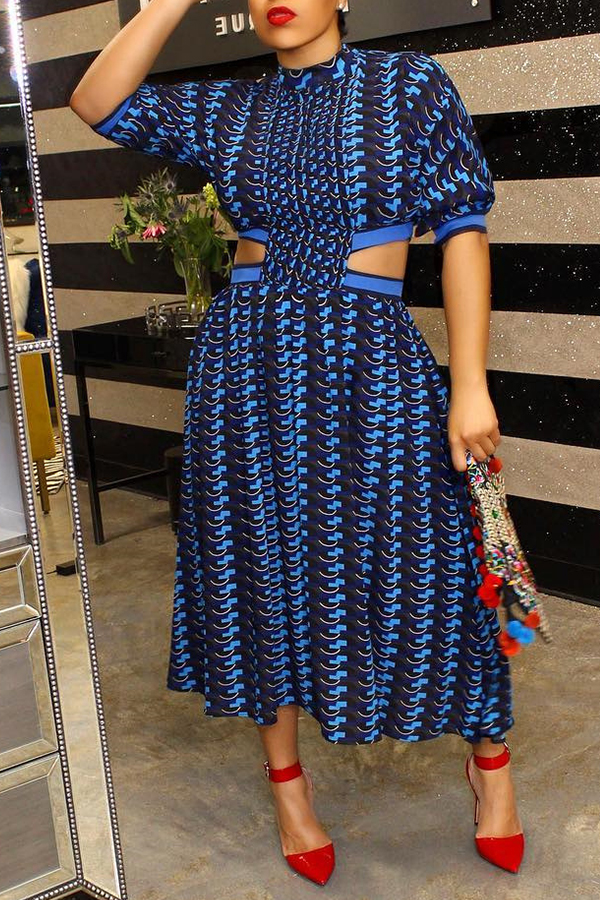 

Lovely Trendy Hollowed-out Blue Mid Calf Dress