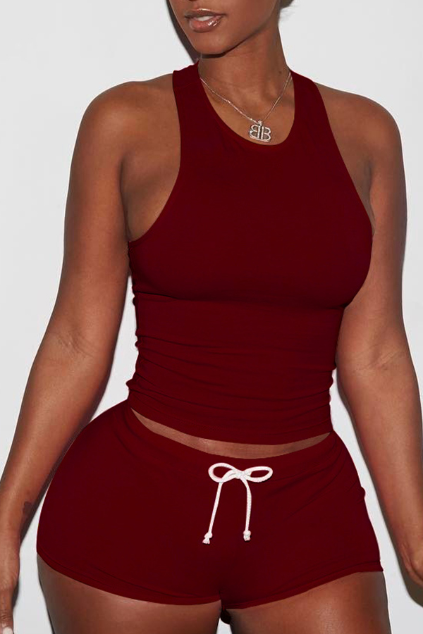 

Lovely Sportswear Drawstring Wine Red Two-piece Shorts Set
