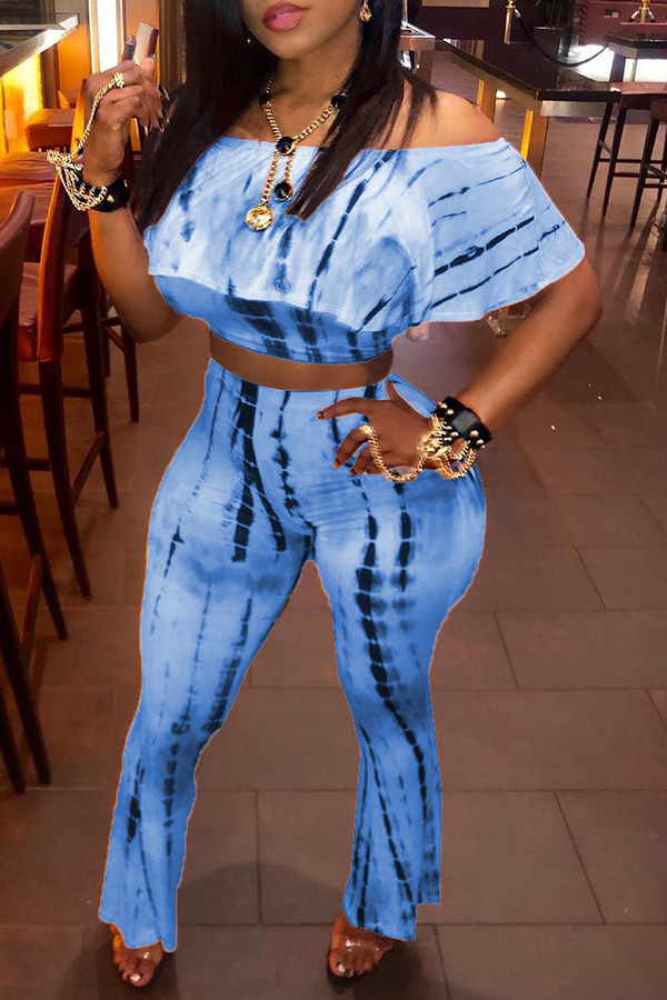 

Lovely Sweet Dew Shoulder Blue Two-piece Pants Set
