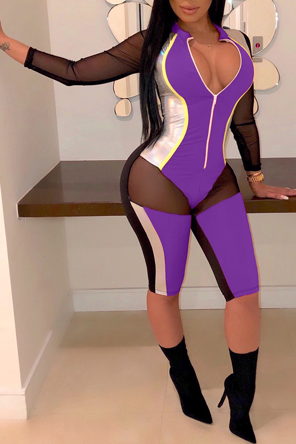 

Lovely Casual Patchwork Purple One-piece Romper