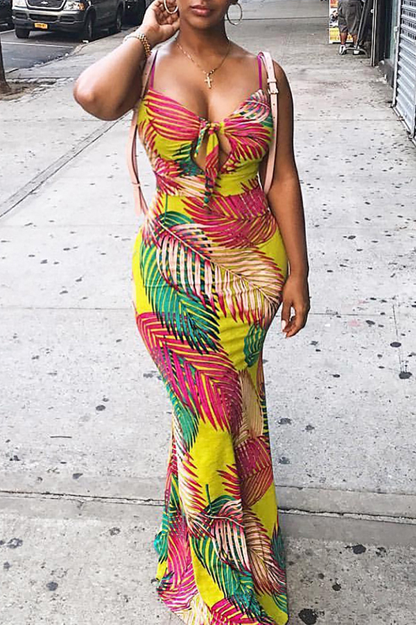 

Lovely Trendy Floral Printed Yellow Floor Length Dress