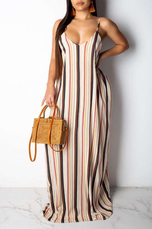LW Sweet Backless Multicolor Floor Length Printed Dress