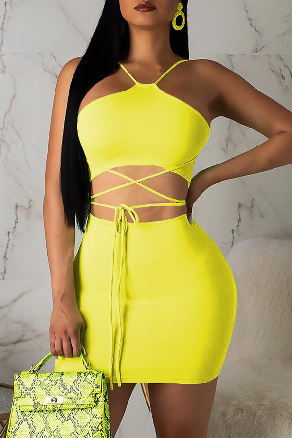 

Lovely Casual Lace-up Yellow Two-piece Skirt Set