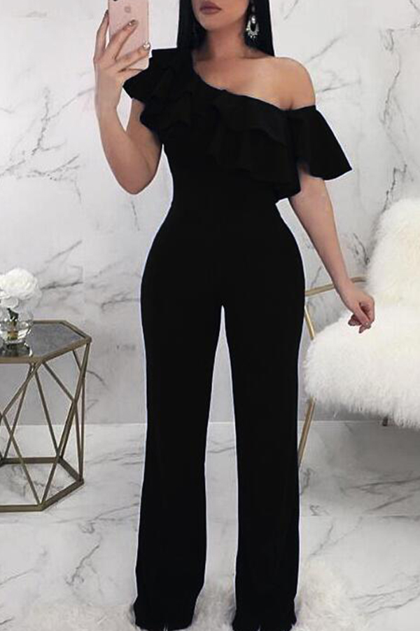 

Lovely Casual Dew Shoulder Black Knitting One-piece Jumpsuit