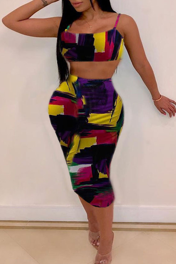 

Lovely Sexy Shoulder Strap Patchwork Two-piece Skirt Set, Multi