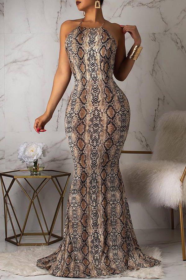Lovely Sexy Backless Pythons Grain Khaki Floor Length Printed Dress(With Elastic)