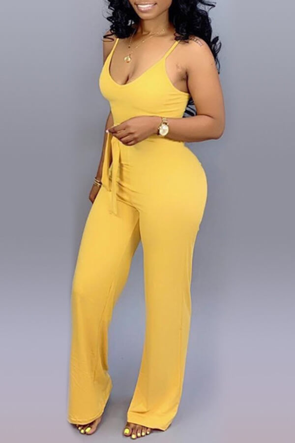 Lovely Casual Lace-up Yellow One-piece Jumpsuit(With Elastic)_Jumpsuit ...
