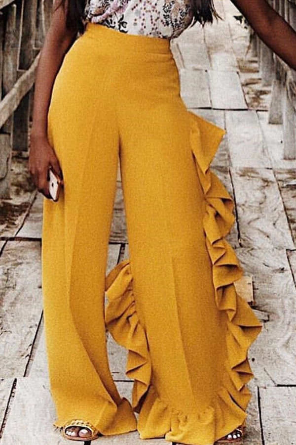 

Lovely Fashion Ruffle Design Yellow Pants(With Elastic)