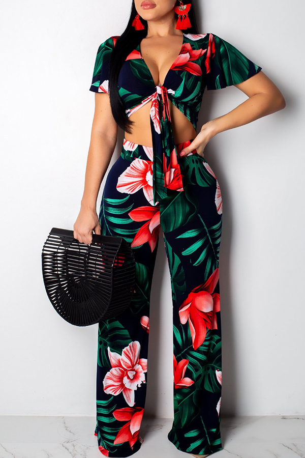 

Lovely Fashion Floral Print Red Two-piece Pants Set