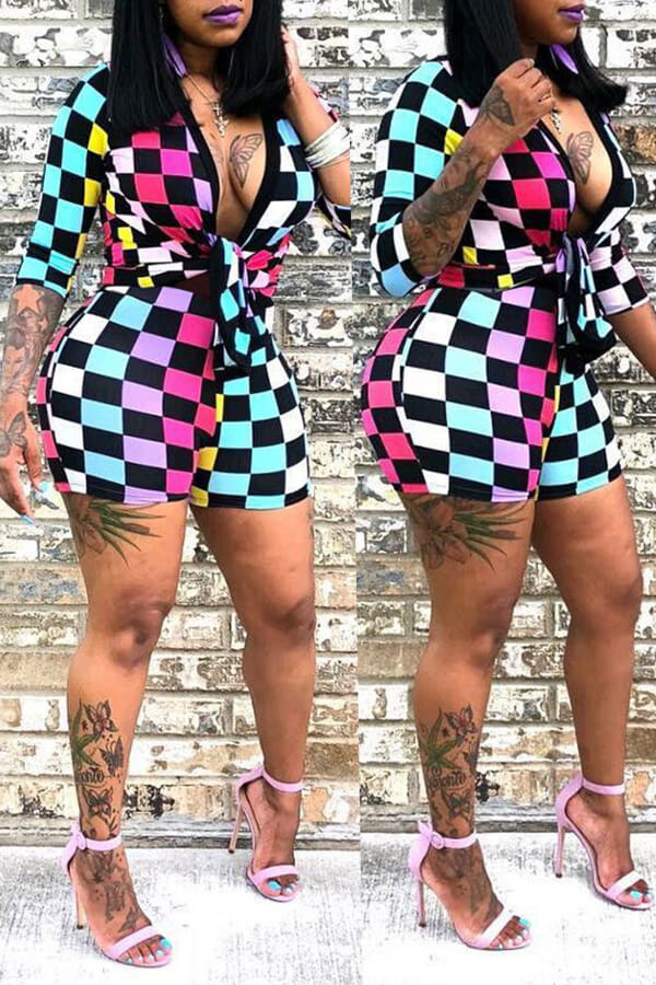

Lovely Sexy Deep V Neck Grid Printed Skinny Romper(With Elastic, Multi
