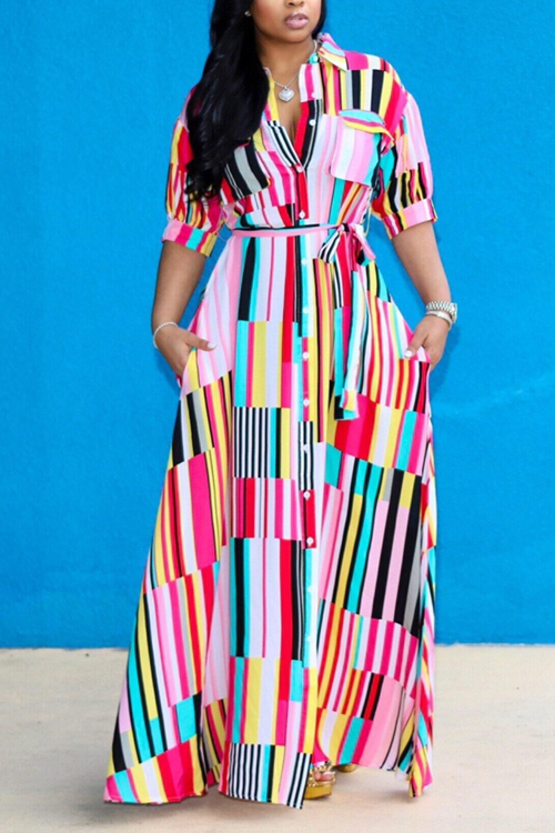 

Lovely Bohemian Striped Dress(With Elastic, Light pink